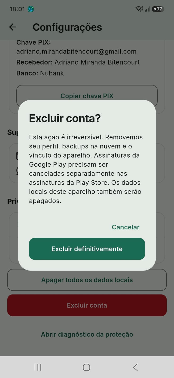 Dialog Excluir conta? do Bloqueador Inteligente, com o aviso de que a assinatura da Play precisa ser cancelada à parte